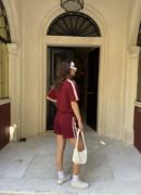 Osy Modal Yumuşak Dokulu Kumaş Parçalı Bisiklet Yaka T-shirt Mini Şortlu Etek İkili Takım -Bordo resmi